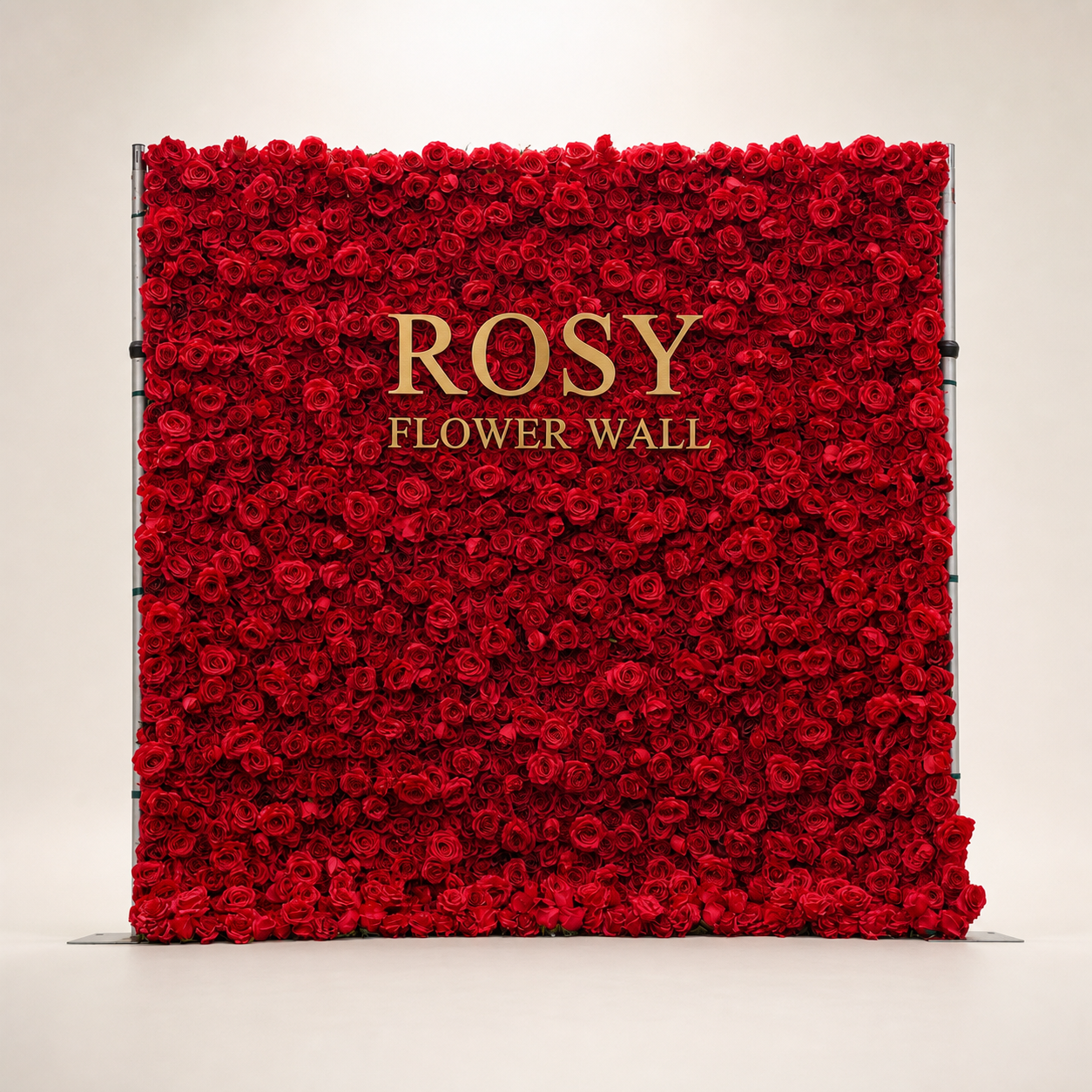 Yolanda 4D red rose artificial roll-up flower wall with gold ROSY FLOWER WALL logo