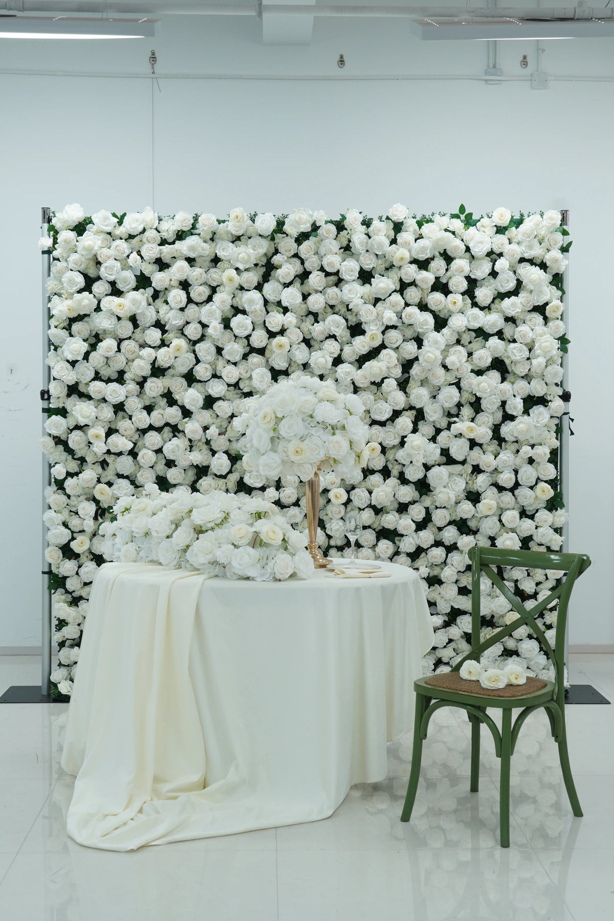 All White Wedding Backdrop Package with Flower Wall & Centerpieces