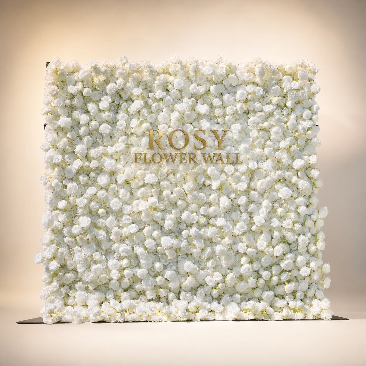 Angel 5D white rose flower wall in warm white studio with gold ROSY FLOWER WALL logo