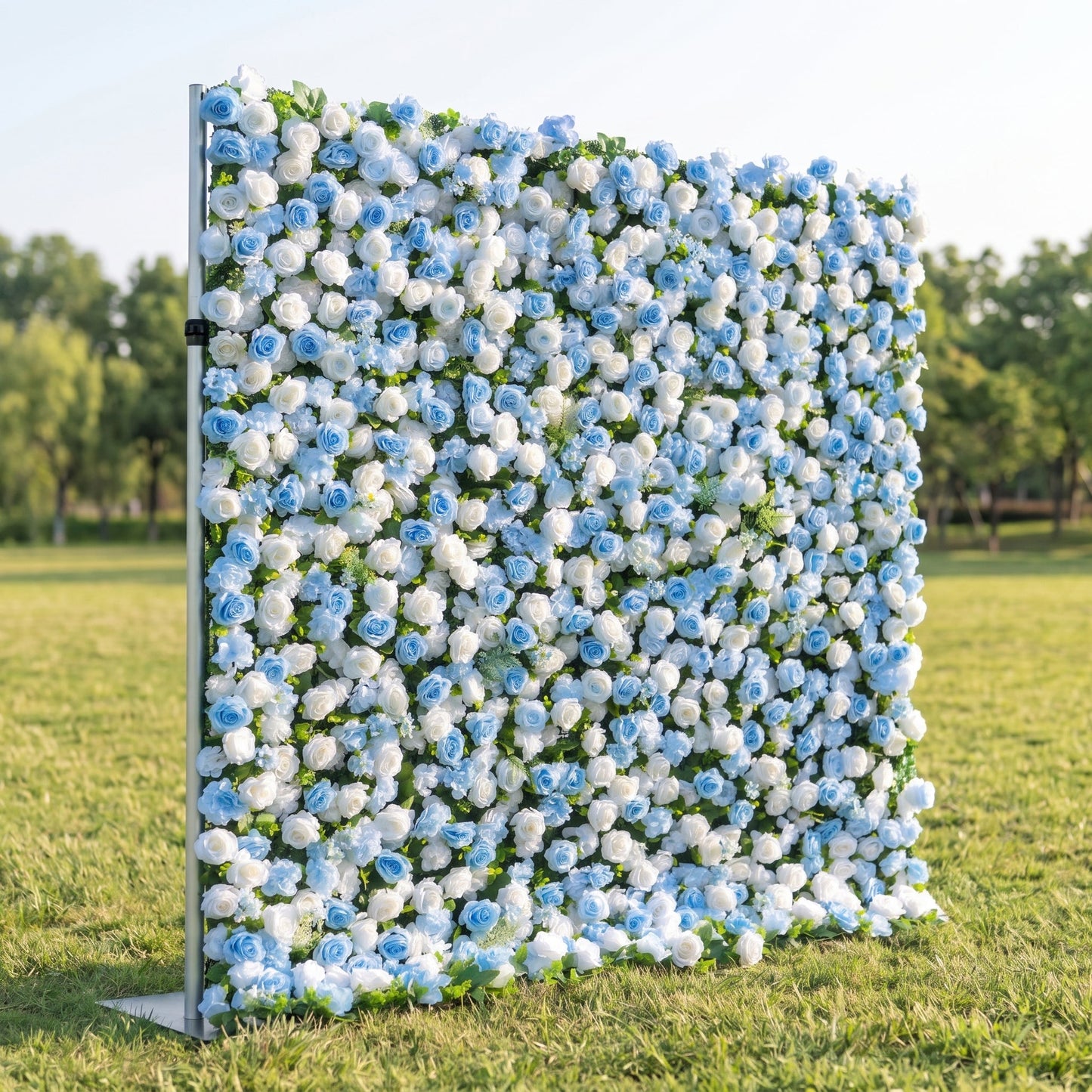 Blue silk flower wall side view