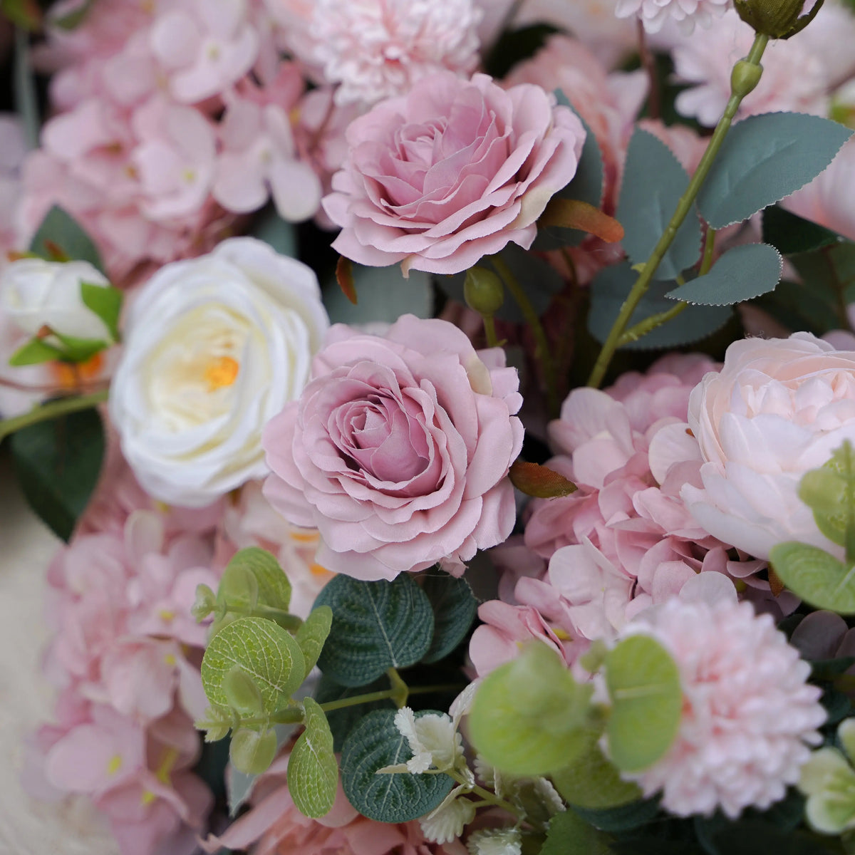 Mauve rose and blush hydrangea artificial flower runner detail