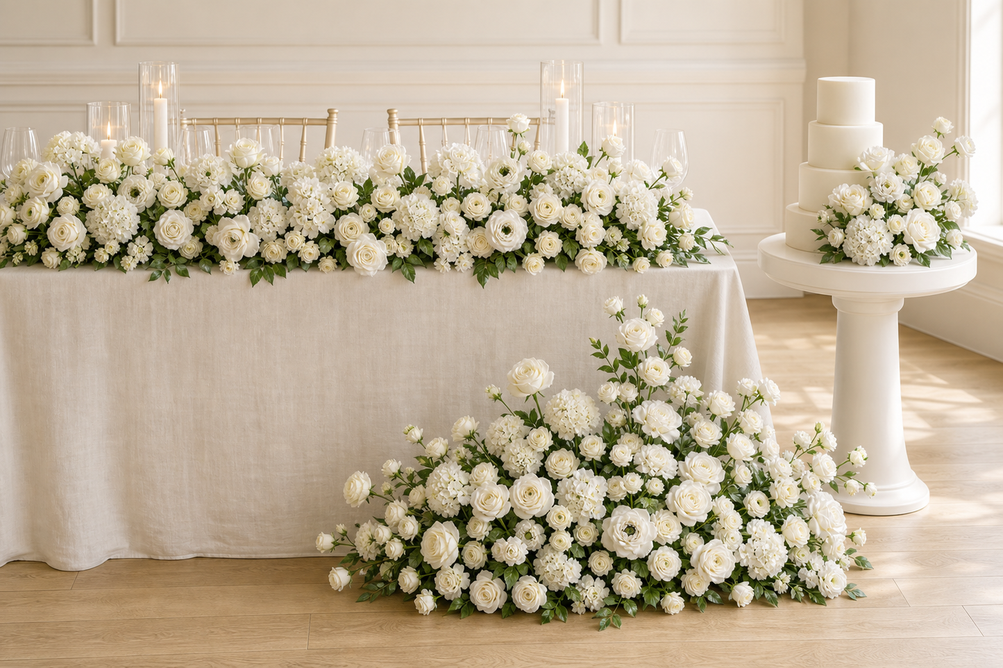 Ivory white loose artificial flower kit arranged across a sweetheart table, floor display and cake table
