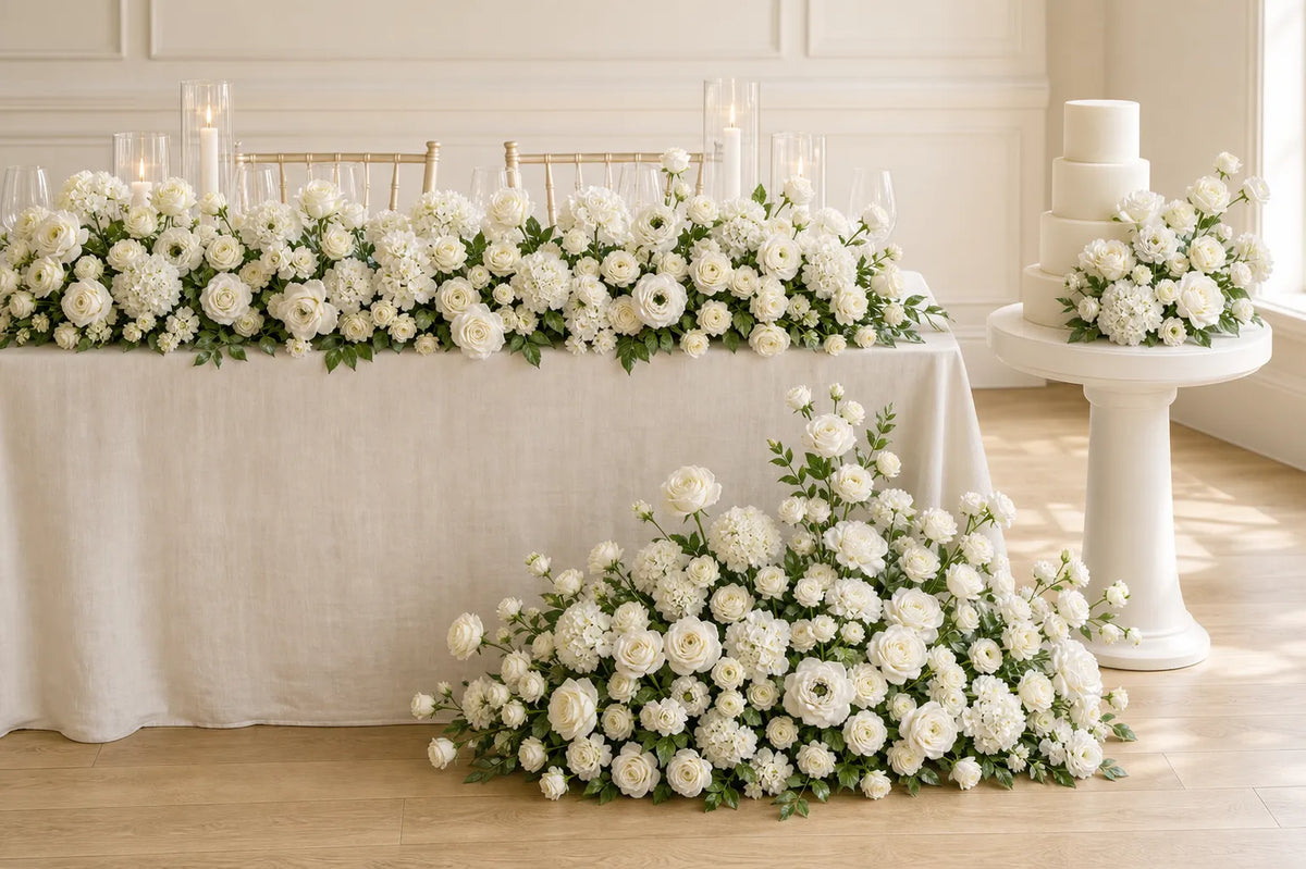 Ivory white loose artificial flower kit arranged across a sweetheart table, floor display and cake table