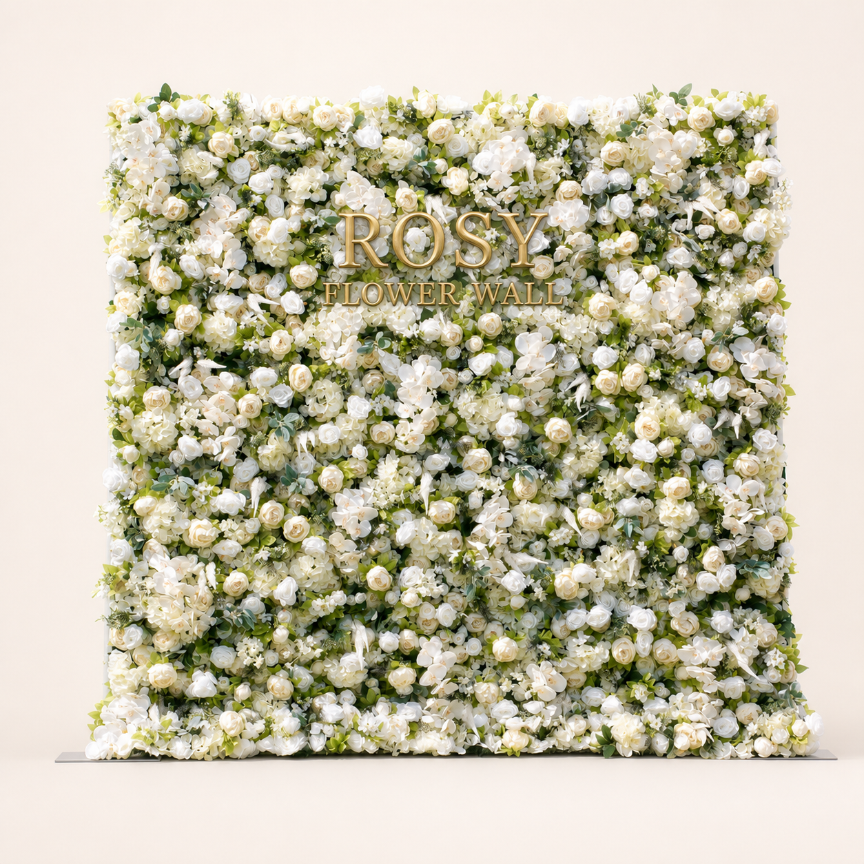 Morning 5D ivory white flower wall in warm white studio with gold ROSY FLOWER WALL logo