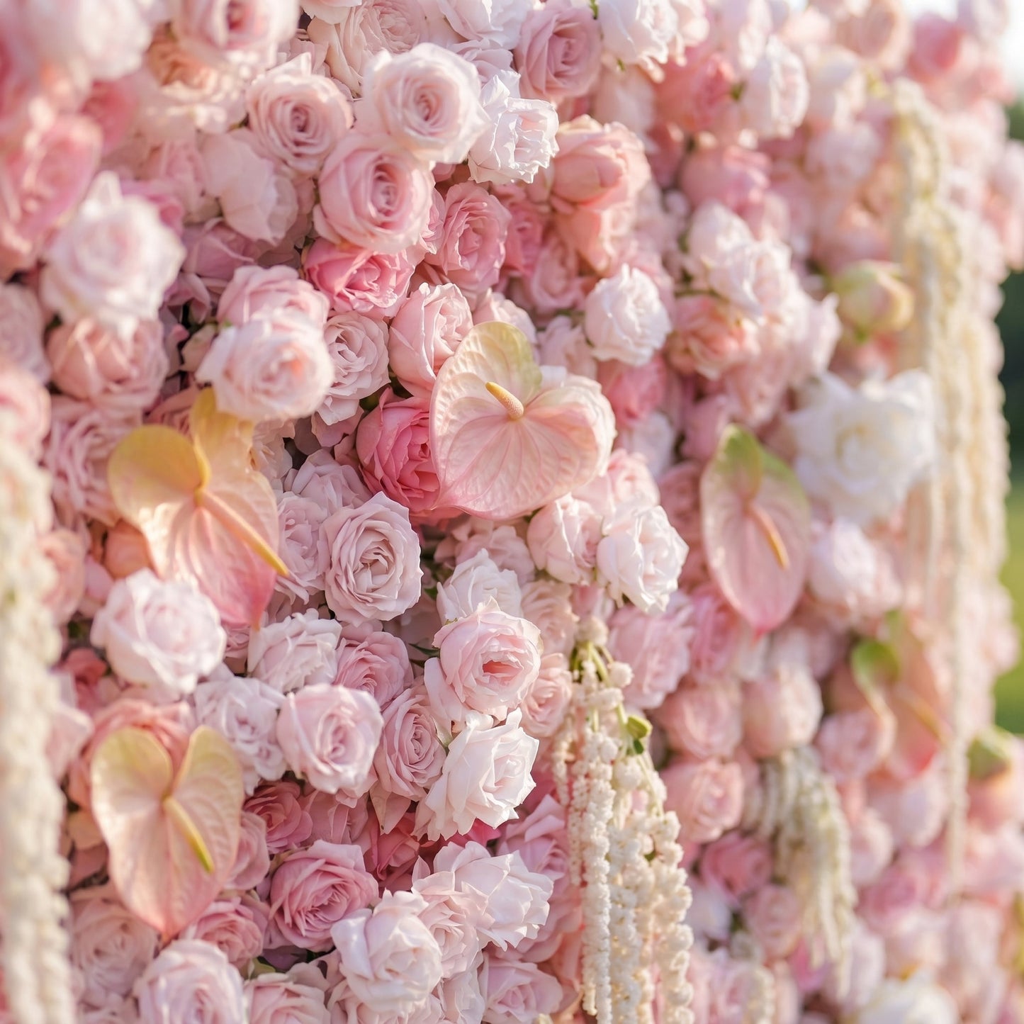 Pink rose anthurium and tassel backdrop detail