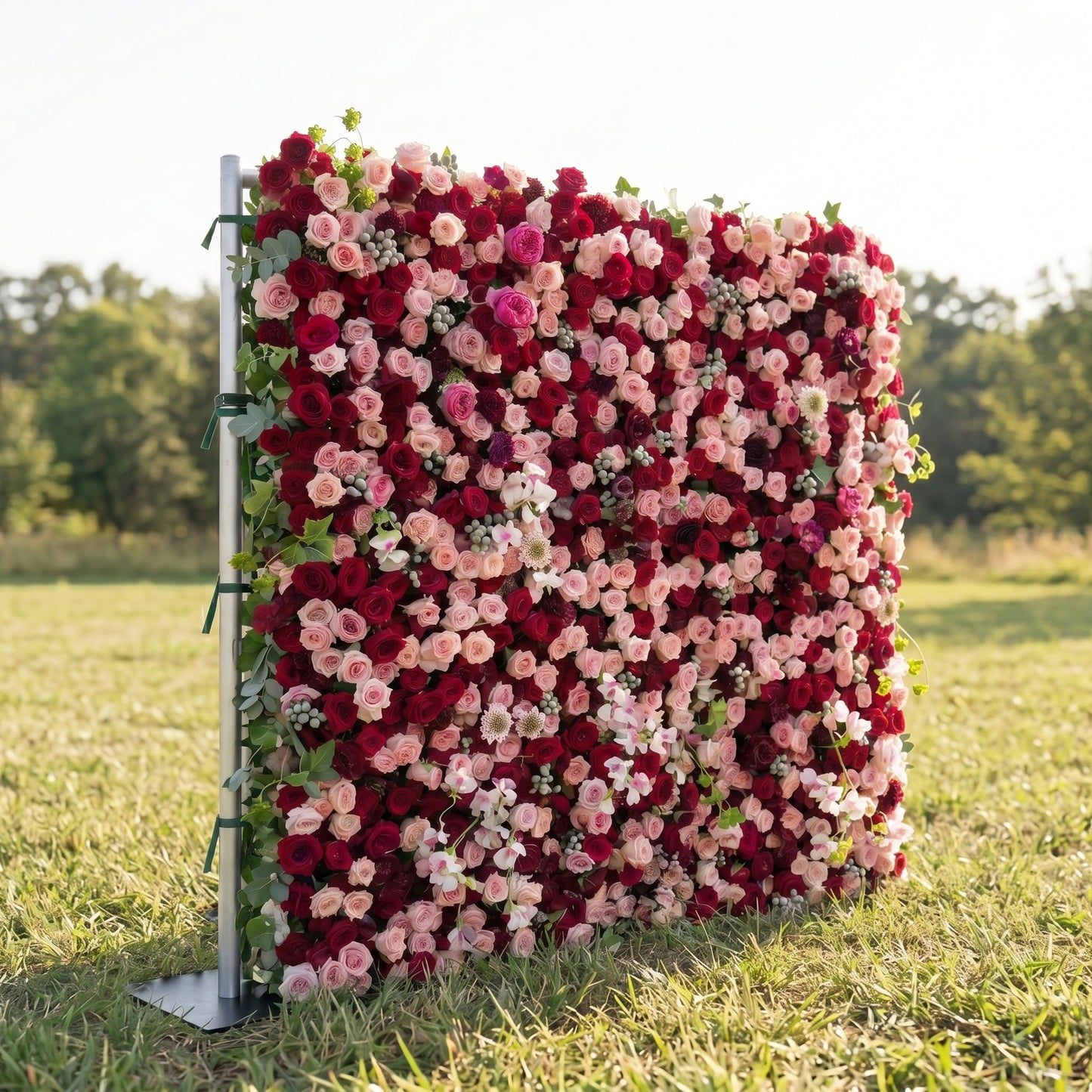 Red and blush flower wall backdrop side view