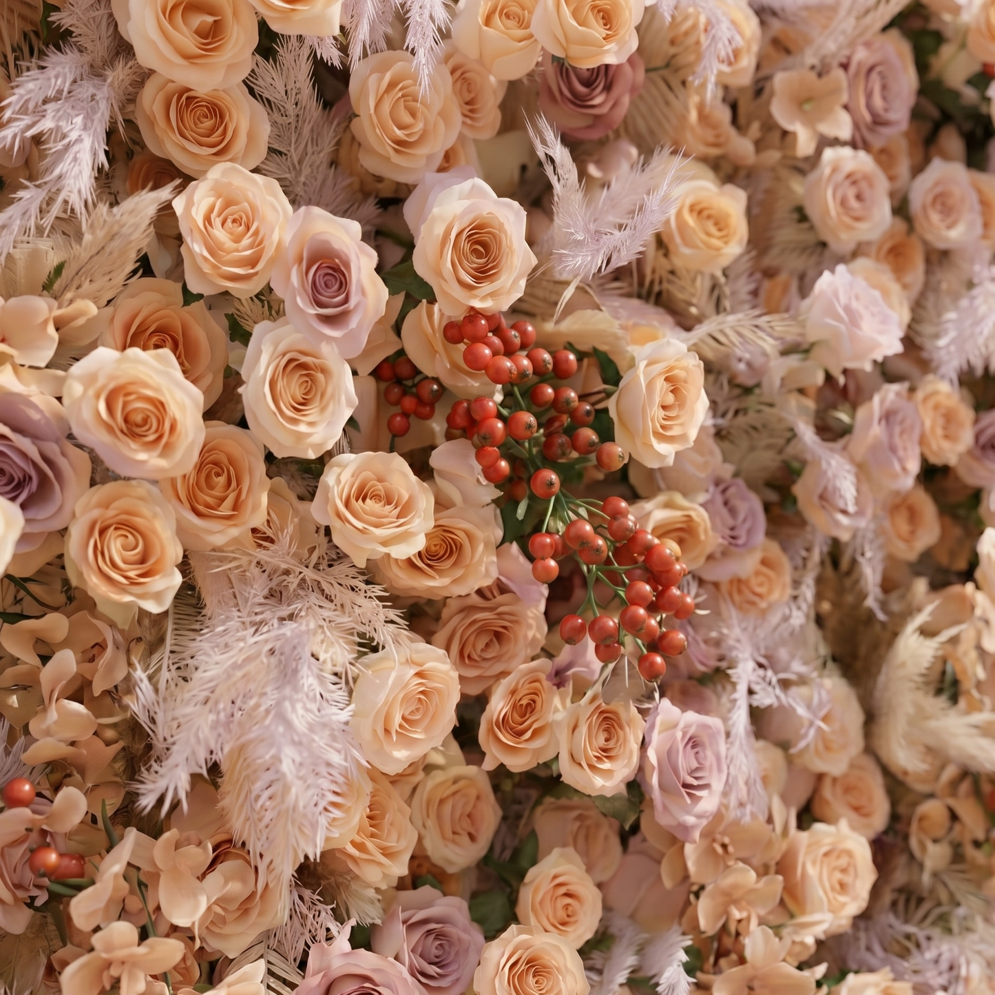 Detailed view of champagne roses mauve flowers and decorative berries