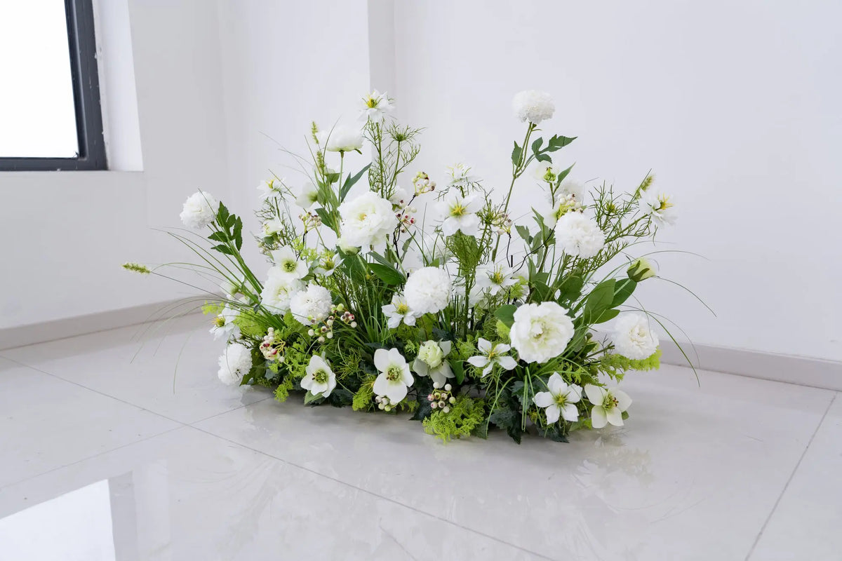 White & Greenery Floral Row ā Wedding Aisle Decor