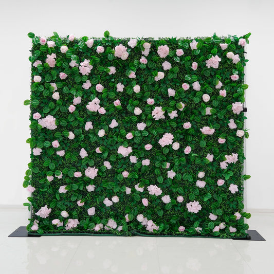 Pink rose flower wall photographed as an event backdrop