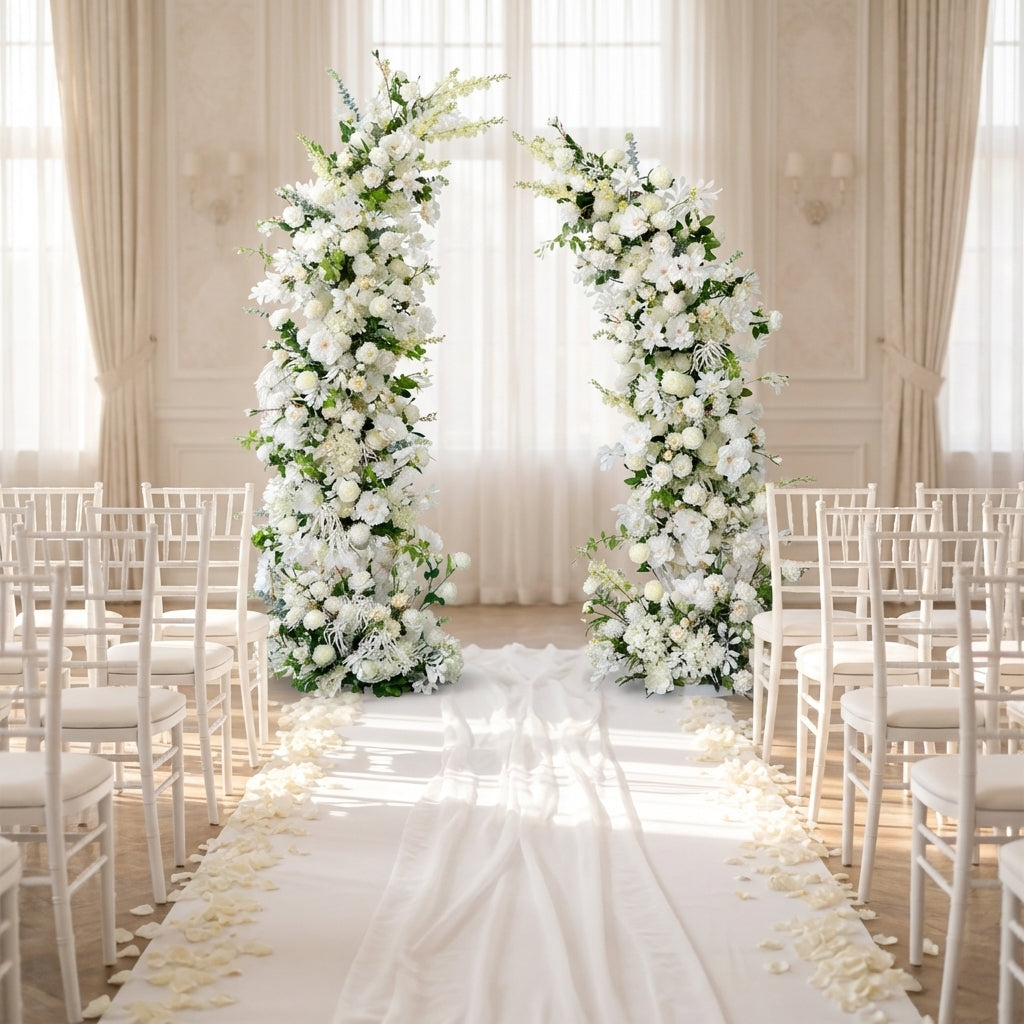 Two-piece white floral wedding arch set in a ceremony space