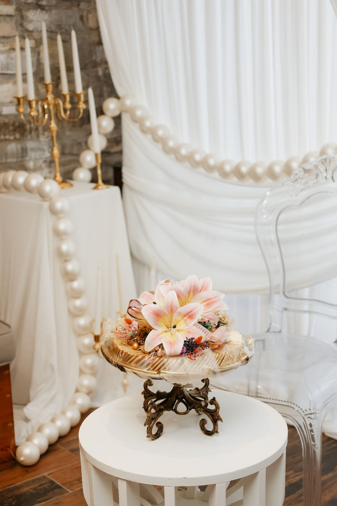Indoor wedding decor with flowers and candles