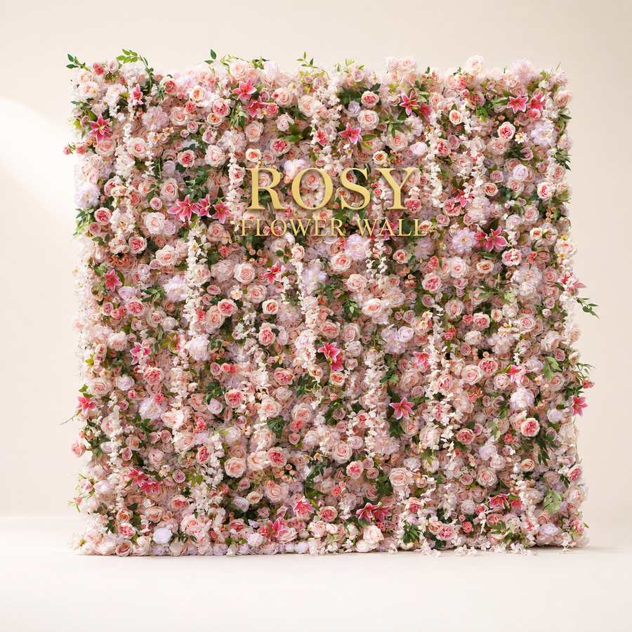 Alice 5D pink rose and lily artificial roll-up flower wall with gold ROSY FLOWER WALL logo