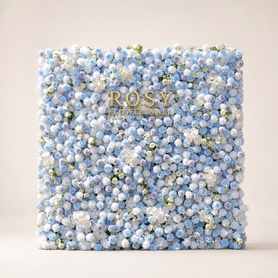 Carlos 5D blue white and lavender artificial roll-up flower wall with gold ROSY FLOWER WALL logo