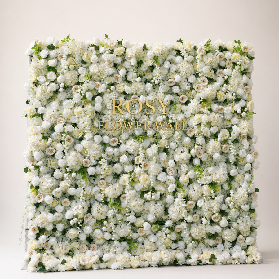 Eve 5D white flower wall with gold Rosy Flower Wall logo
