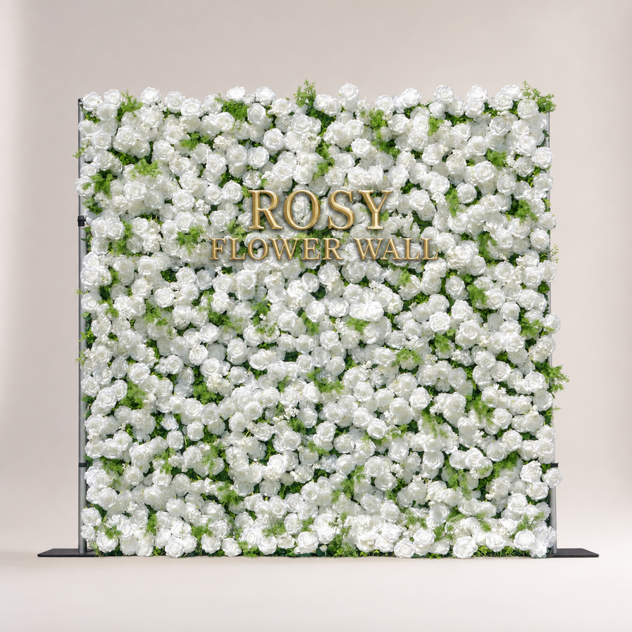 Forest white and green 5D flower wall with gold Rosy Flower Wall logo