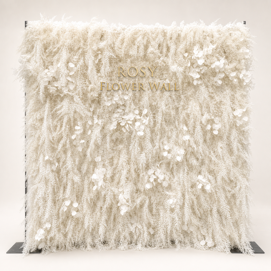 Dream 5D white artificial roll-up flower wall with gold ROSY FLOWER WALL logo