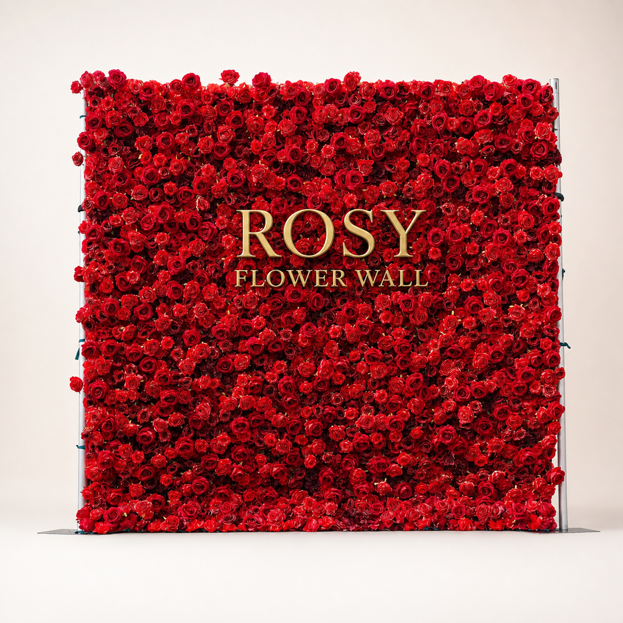 Stacie 5D red rose flower wall with gold Rosy Flower Wall logo