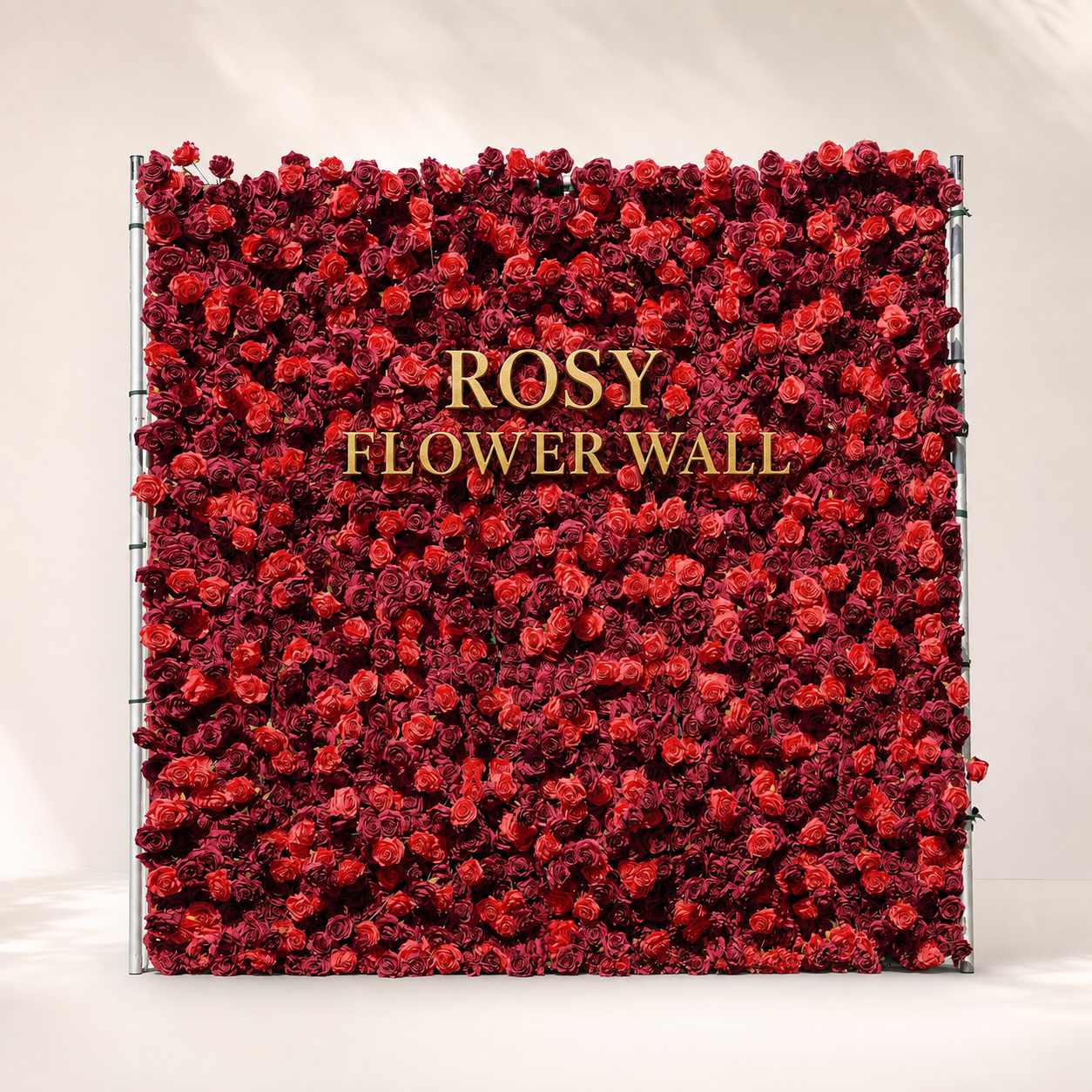 Hot 5D red artificial roll-up flower wall with gold ROSY FLOWER WALL logo