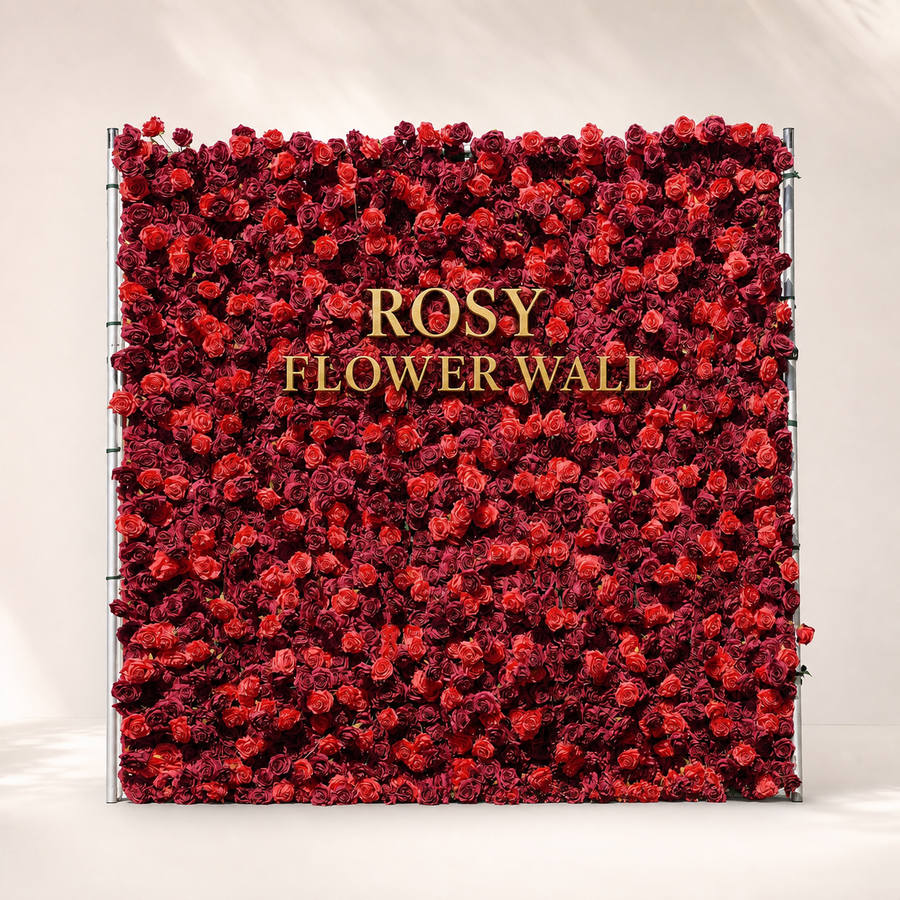 Hot 5D red artificial roll-up flower wall with gold ROSY FLOWER WALL logo