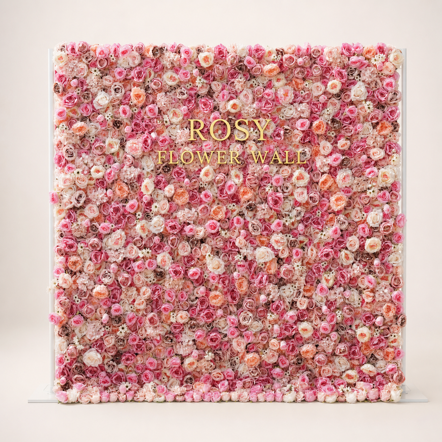 Barbie 5D pink flower wall with gold Rosy Flower Wall logo