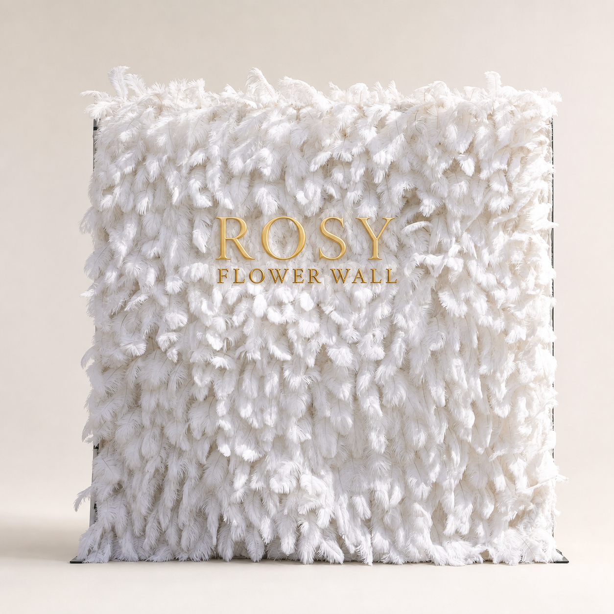 White Feather 5D artificial roll-up flower wall with gold ROSY FLOWER WALL logo