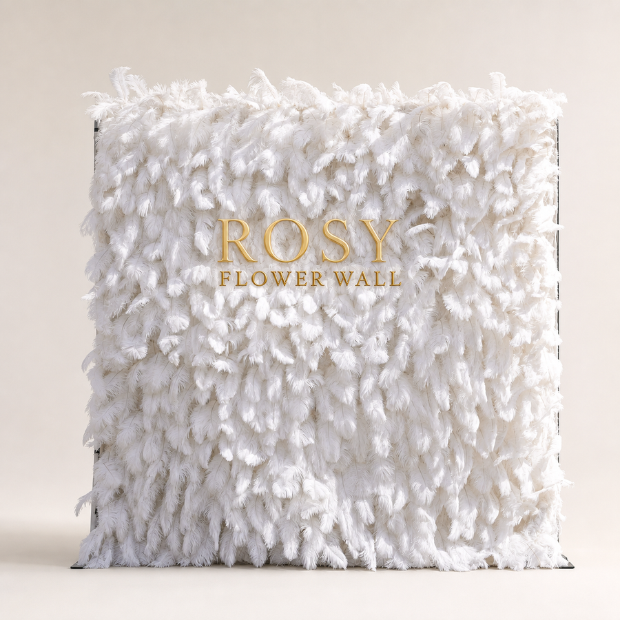 White Feather 5D artificial roll-up flower wall with gold ROSY FLOWER WALL logo