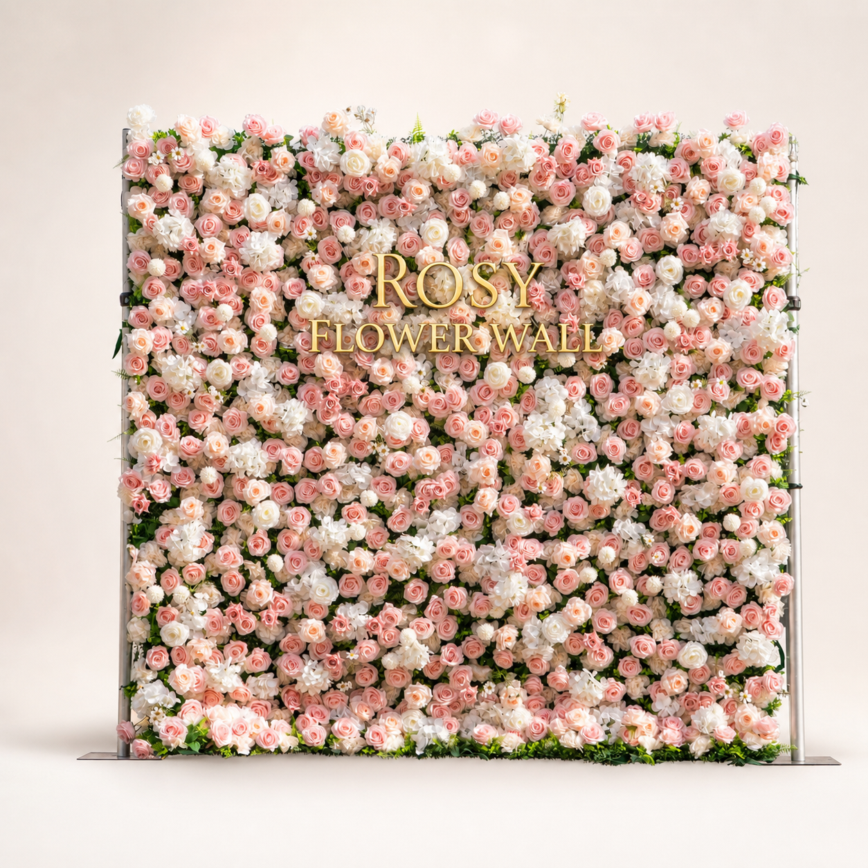 Solara 3D ivory and blush artificial roll-up flower wall with gold ROSY FLOWER WALL logo