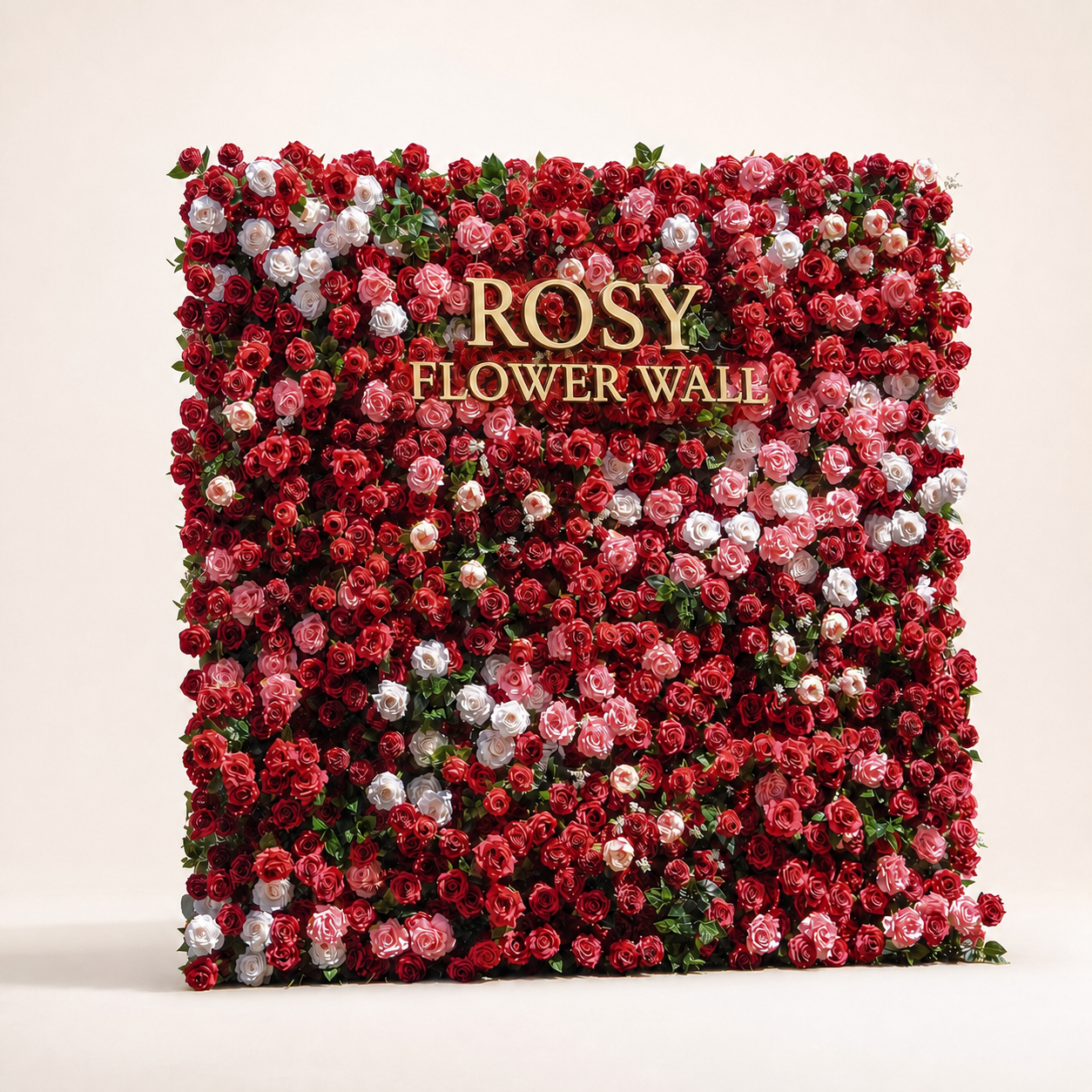 Zita 5D red pink and white artificial roll-up flower wall with gold ROSY FLOWER WALL logo
