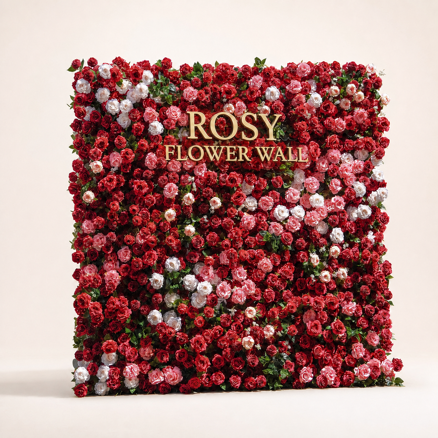 Zita 5D red pink and white artificial roll-up flower wall with gold ROSY FLOWER WALL logo