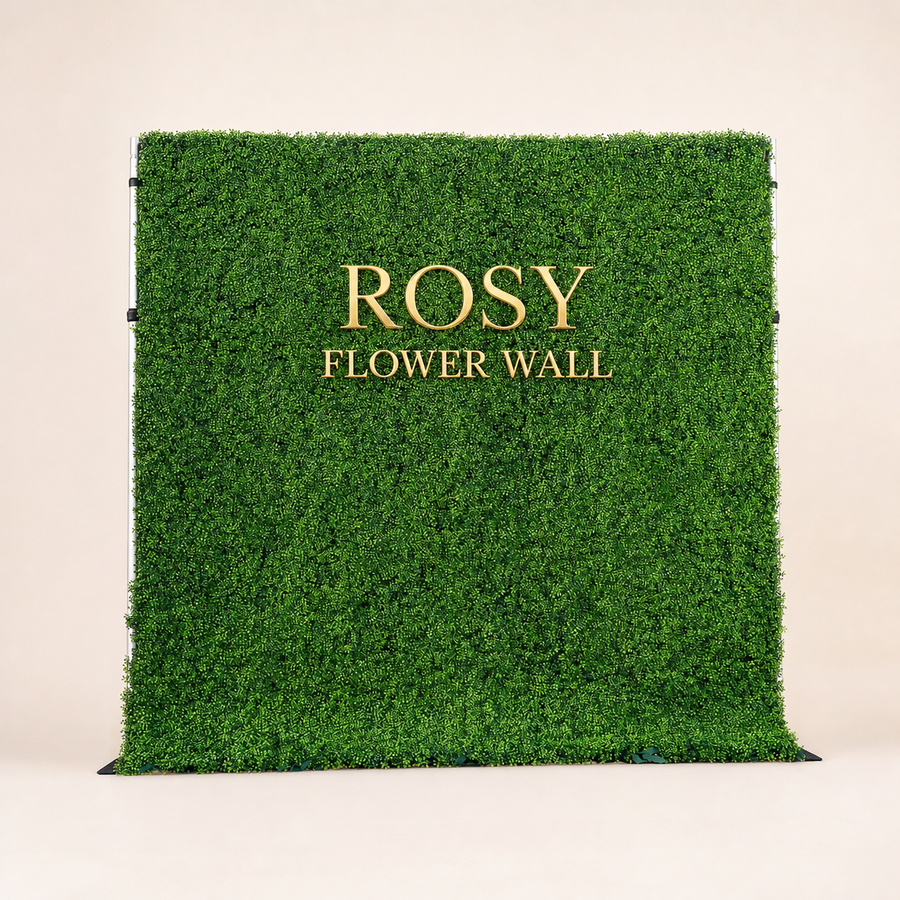 Lucky 2D artificial greenery roll-up wall with gold ROSY FLOWER WALL logo