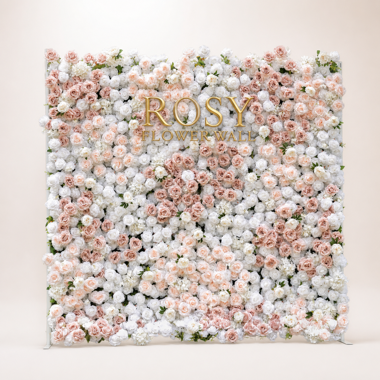 Corrine 5D white and champagne artificial roll-up flower wall with gold ROSY FLOWER WALL logo