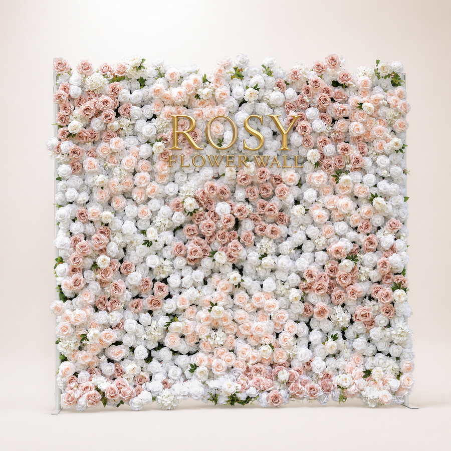 Corrine 5D white and champagne artificial roll-up flower wall with gold ROSY FLOWER WALL logo