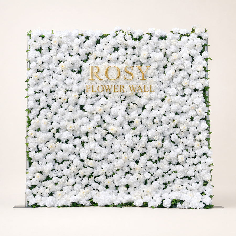 Shine white artificial zip-up flower wall with gold ROSY FLOWER WALL logo