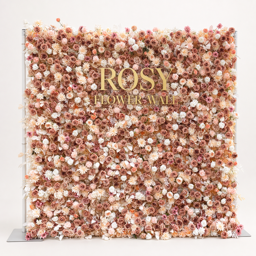 Lynn 5D golden artificial roll-up flower wall with gold ROSY FLOWER WALL logo
