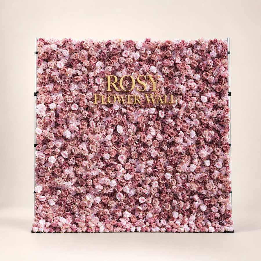 Monet 5D dusty pink artificial roll-up flower wall with gold ROSY FLOWER WALL logo