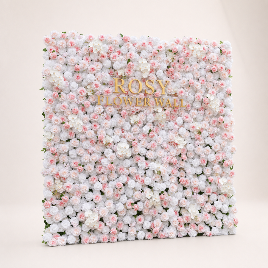 Claudia 5D white and pink artificial roll-up flower wall with gold ROSY FLOWER WALL logo