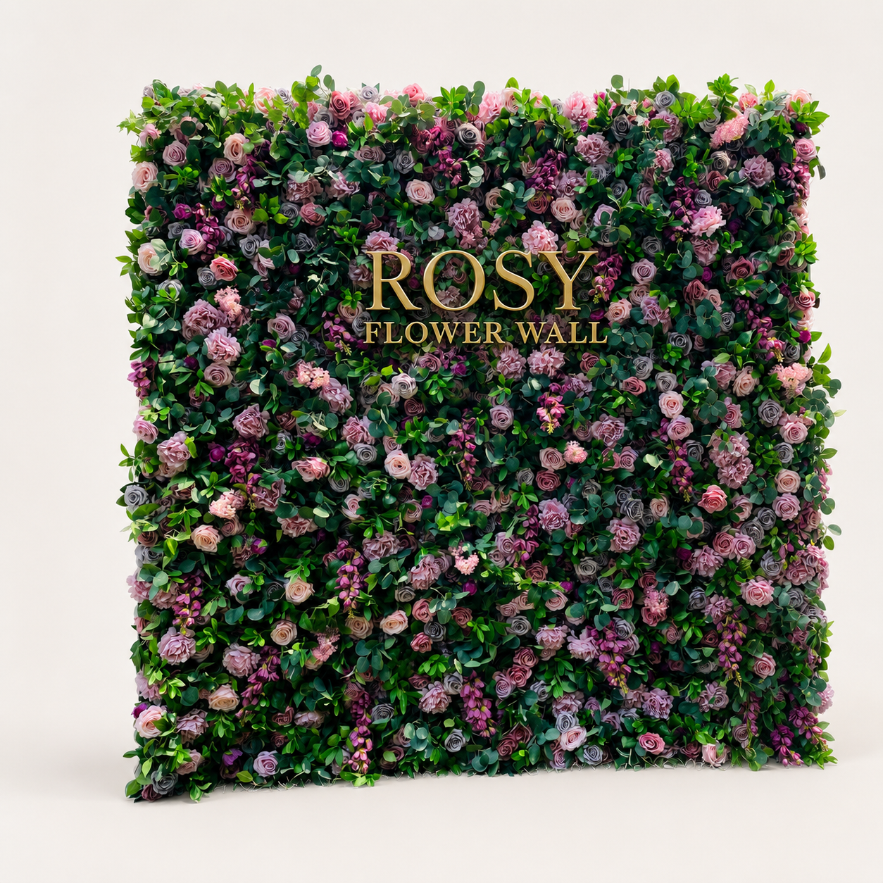 Autumn 5D green and purple artificial roll-up flower wall with gold ROSY FLOWER WALL logo