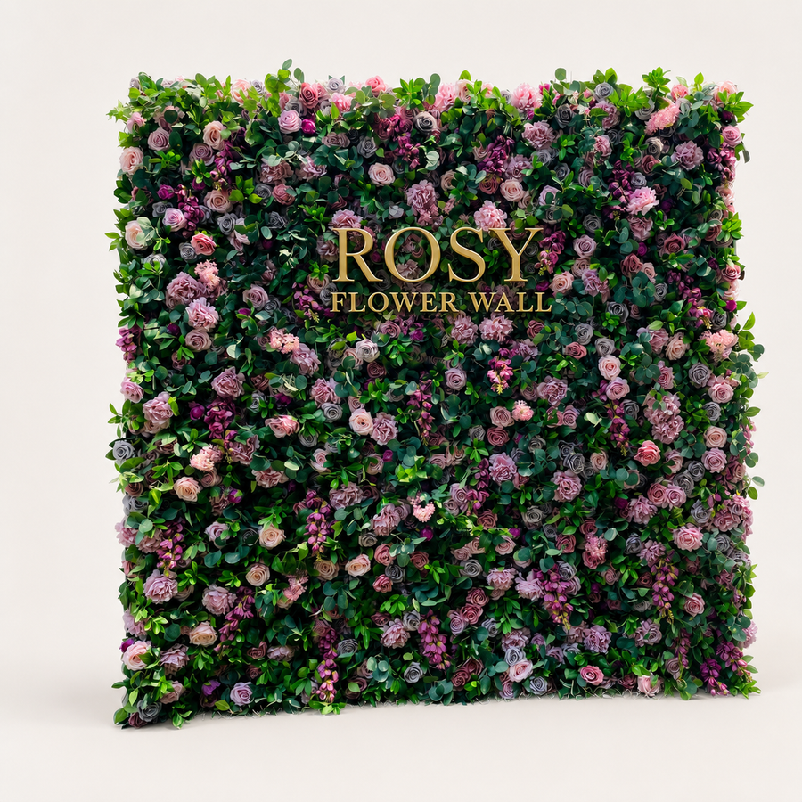 Autumn 5D green and purple artificial roll-up flower wall with gold ROSY FLOWER WALL logo
