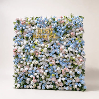 Artificial flower wall front view with gold Rosy Flower Wall logo on warm white background