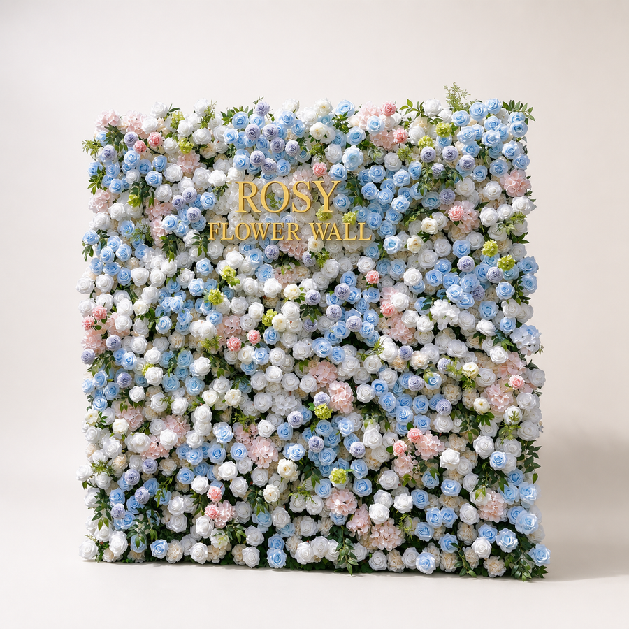Frank 5D blue white and pink artificial roll-up flower wall with gold ROSY FLOWER WALL logo