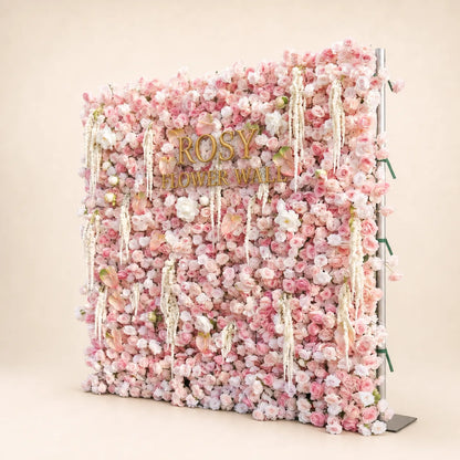Luxury 3D Pink Tassel Silk Flower Wall Backdrop - Rosy Flower Wall warm studio product image