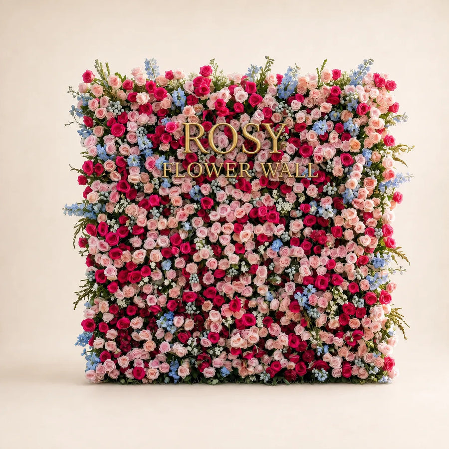 Luxury 3D Pink, Red & Blue Silk Flower Wall Backdrop - Rosy Flower Wall warm studio product image