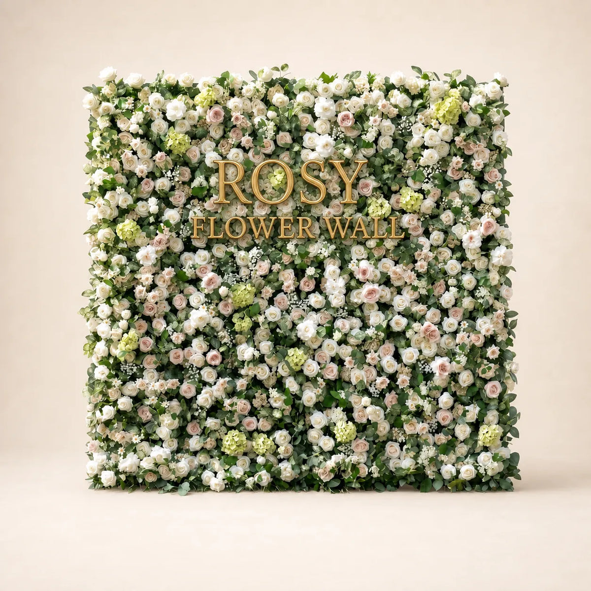 Luxury 3D White & Greenery Silk Flower Wall - Rosy Flower Wall warm studio product image