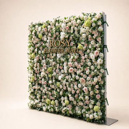Luxury 3D White & Greenery Silk Flower Wall - Rosy Flower Wall warm studio product image