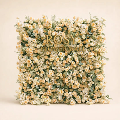 Luxury 4D Cream Champagne Silk Flower Wall Backdrop - Rosy Flower Wall warm studio product image