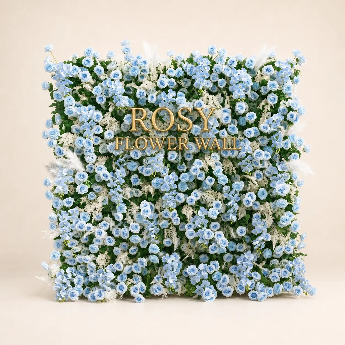 Luxury 4D Dusty Blue Flower Wall with Greenery - Rosy Flower Wall warm studio product image