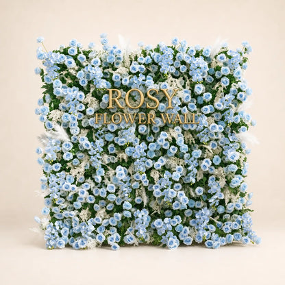 Luxury 4D Dusty Blue Flower Wall with Greenery - Rosy Flower Wall warm studio product image