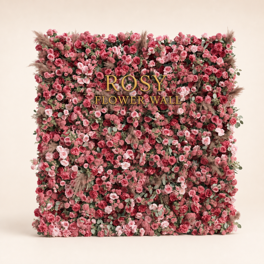 Luxury 4D Dusty Rose & Nude Pink Silk Flower Wall with Pampas Grass - Rosy Flower Wall warm studio product image