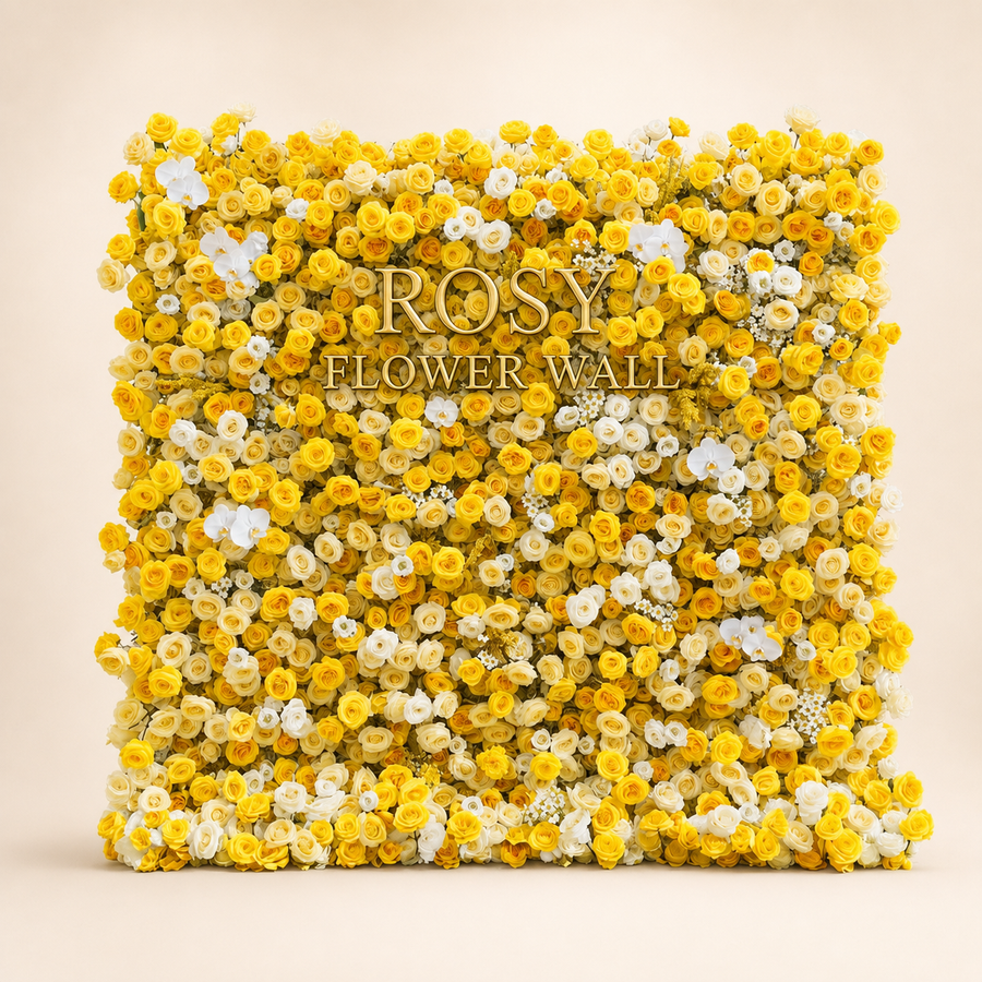 Luxury 4D Lemon Yellow & White Silk Flower Wall Backdrop - Rosy Flower Wall warm studio product image