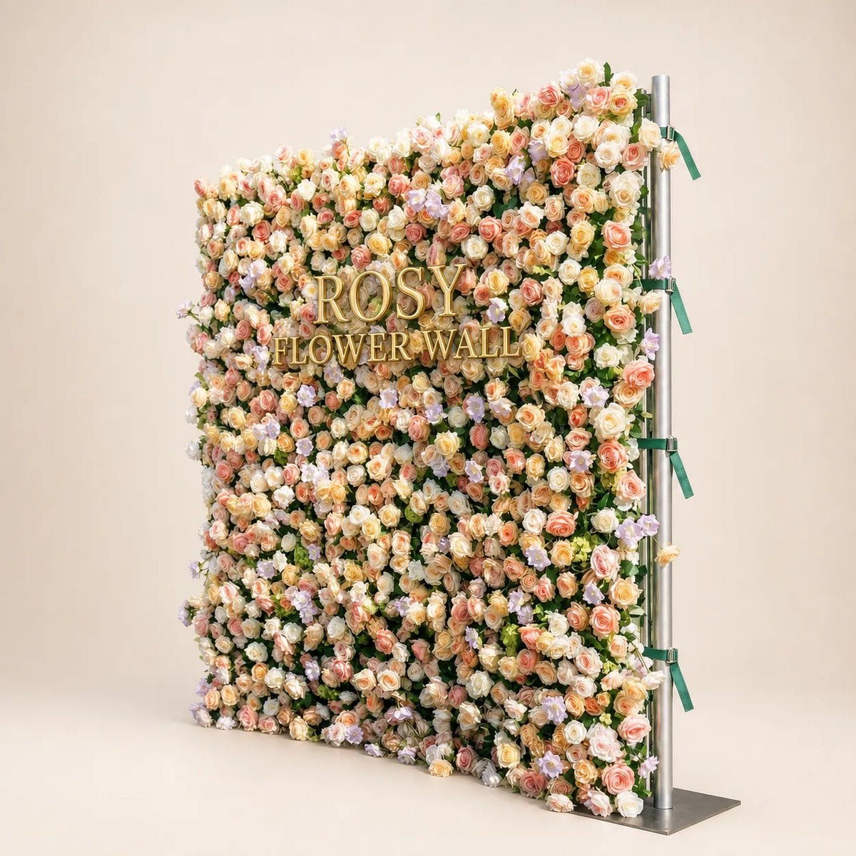 Peach champagne rose silk flower wall right side view in warm white studio with gold ROSY FLOWER WALL logo